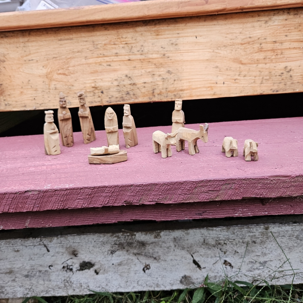 12 Piece Hand Carved Wooden Primitive Folk Art Nativity Set